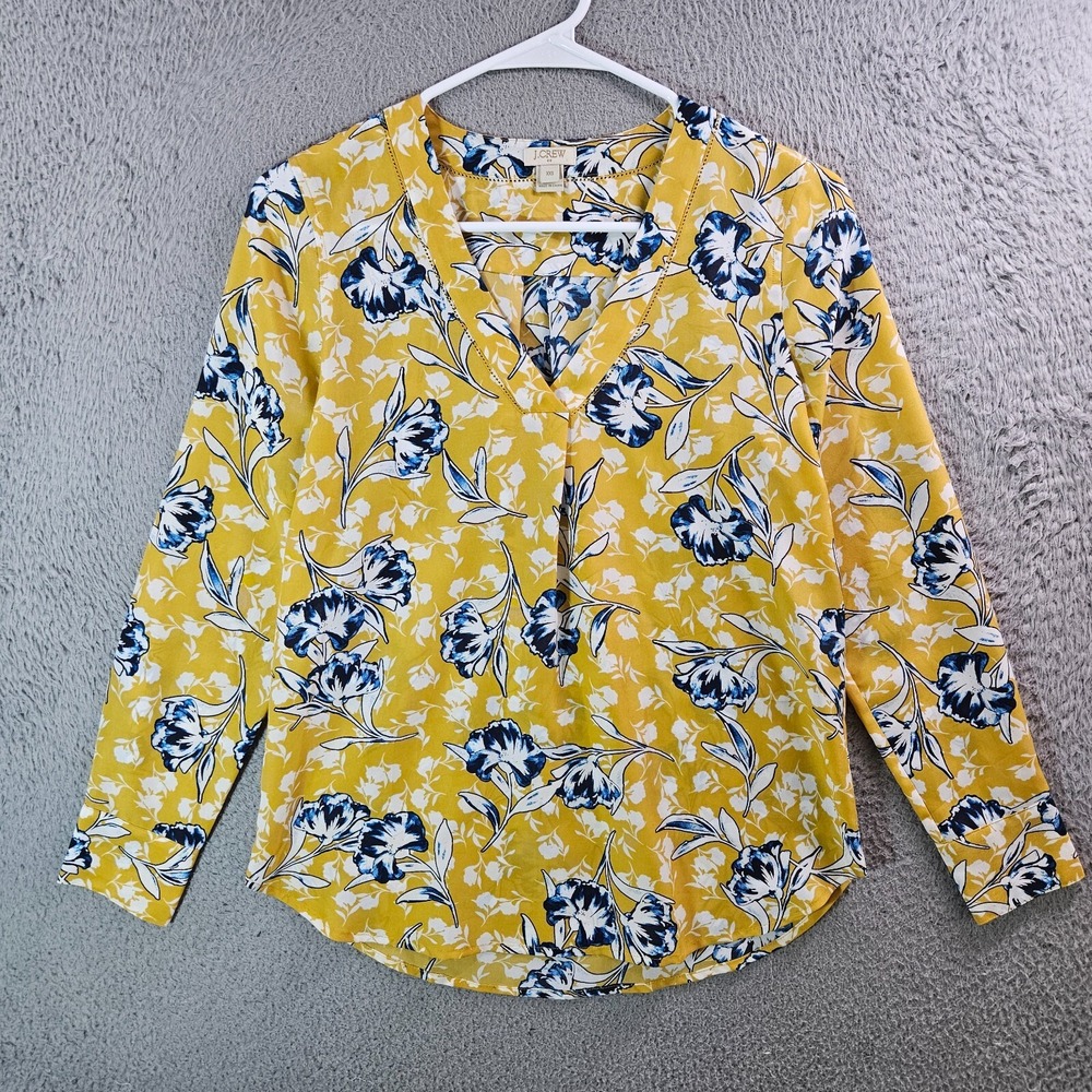 J Crew Top Blouse Women XXS Floral Print Long Sleeve Blue White Dark Yellow